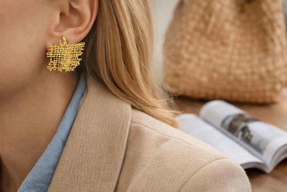 Vintage 80s Finesse Gold Sculptural Brutalist Stud Earrings Textured Statment